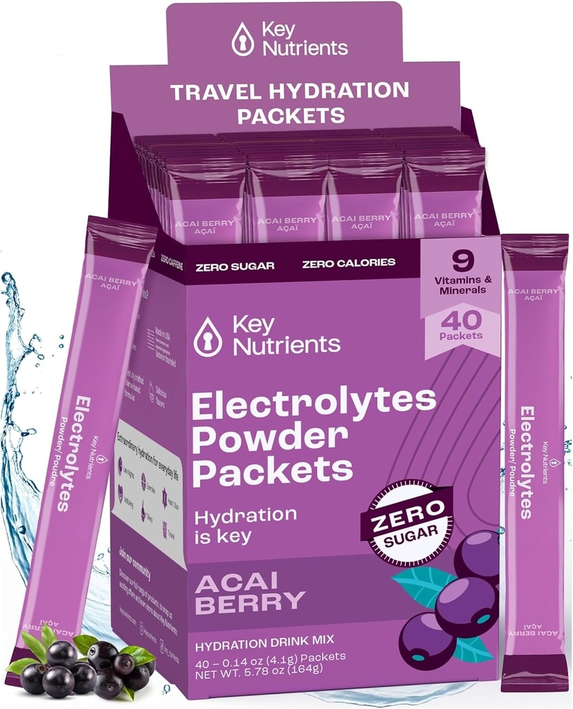 KEY NUTRIENTS Multivitamin Elektrolyte Pulver-Packets - Delicious Acai Berry 40 Pack Hydration Packets - Travel Hydration Powder - Kein Zucker, keine Kalorien, Glutenfrei - Made in USA