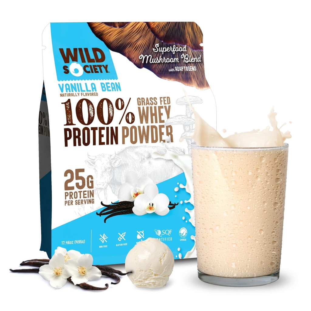 WILD SOCIETY - Premium 100% Grass Fed Whey Protein Powder + Superfood Mushrooms & Adaptogens - 25g Protein, Clean Protein Powder, 0 Added Sugar, Non GMO, Gluten Free - Vanilla Bean, 17.5 oz