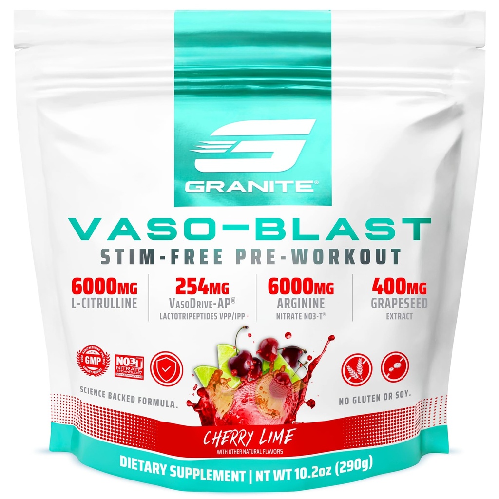 Granit-Ergänzungen Vaso Blast, Kirschen Lime Flavor, Stimulant-Free Pre Workout für Männer und Frauen mit Grapeseed Extract, Arginine Nitrite, & VasoDrive-AP für Max Pump (20 Portionen)