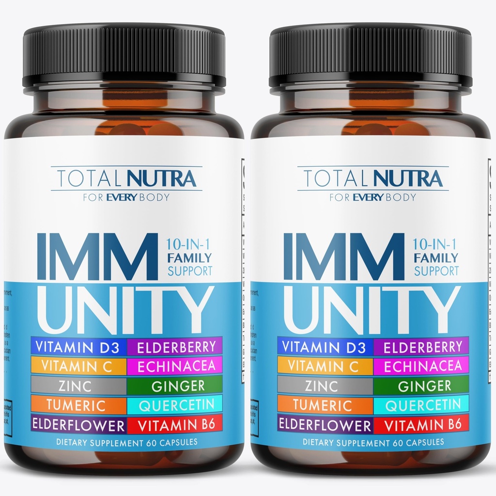 10-In-1 Immununterstützungsergänzung: Immun-Booster für Erwachsene & Kinder Tägliche Immunabwehr mit Schlüssel Immunsystem Vitamine Zink, Vitamin C und D, Plus Elderberry, Quercetin, Echinacea & More, 60 Caps