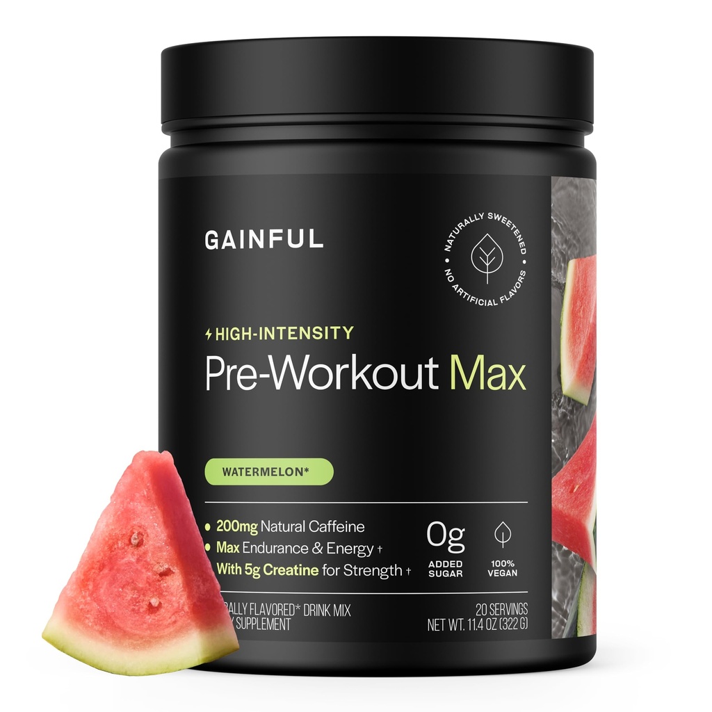Gainful High Intensity Pre Workout Powder with 200mg Caffeine, 5g Creatine, Watermelon Flavor, Supports Energy, Strength, Endurance, & Recovery with BCAAs, Beta Alanine, L-Citrulline, 20 Servings
