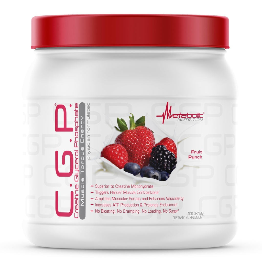 Metabolic Nutrition, CGP, Creatine Glycerol Phosphate, 100% Micronized Creatine Powder, Pre Intra Post Workout Supplement, Fruit Punch, 400 Grams (40 Servings)