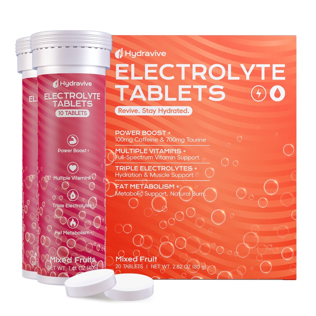Hydration Multiplier with Energy Electrolytes &100mg Caffeine, 700mg Taurine, 10 Vitamins, Sugar Free, No Artificial Colors | Vegan, Gluten-Free | 20 Count Energy Tablets