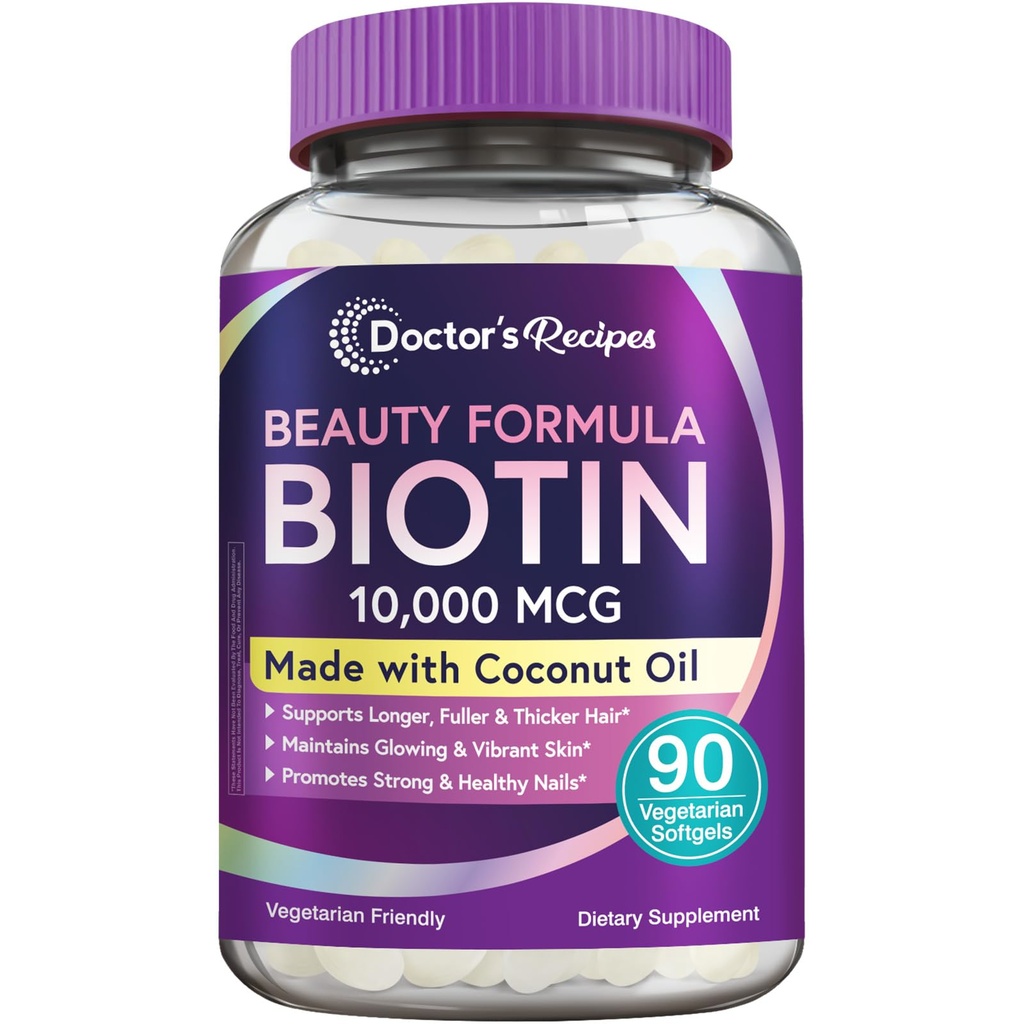 Arzt Rezepte Biotin 10.000 mcg, Haarwachstum, Gesunde Haut & Nägel, Energie Metabolismus, Vegetarisch-Friendly Biotin, mit Kokosöl, Non-GMO, 3 Monat Versorgung, 90 Vegetarische Softgels