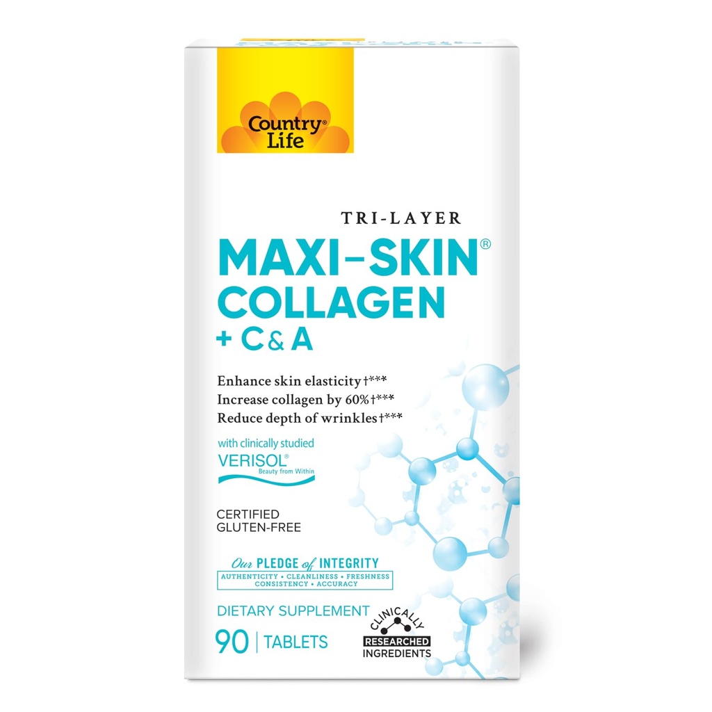 Country Life Verisol Collagen Peptides Tablets - Reduzieren Sie die Tiefe der W[KB2] Falten & Enhance Hautelastizität-90 Tabletten-Inklusive Vitamin A&C - Kollagenpulver für Frauen & Männer - Boost Skin Collagen um 60%