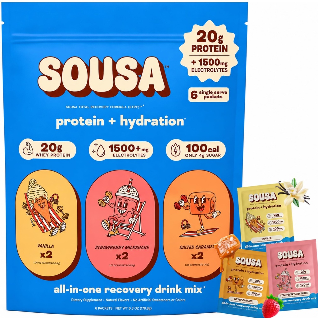 Sousa Protein + Hydration Total Recovery Formula, 20g Protein, 1500mg Electrolytes, Vitamins C, B3, B6, B12, 14 Servings (Variety)