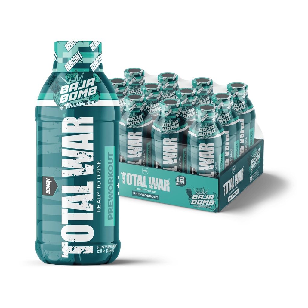 REDCON1 Total War Ready to Drink Pre Workout | Baja Bomb | 365mg Caffeine + Citrulline Malate + Beta Alanine | Zero Sugar (12 Pack)