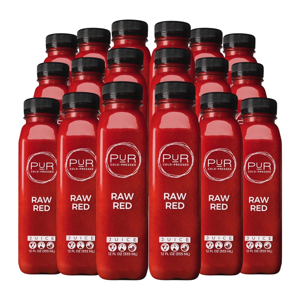 PUR Cold-Pressed Juice – Raw Red 18 Pack – Apple, Carrot, Cucumber, Lemon, Ginger & Beetroot Juice – Nourishing Drink Supports Wellness, Digestion & Cleanse Days – Raw, Pressed at Source
