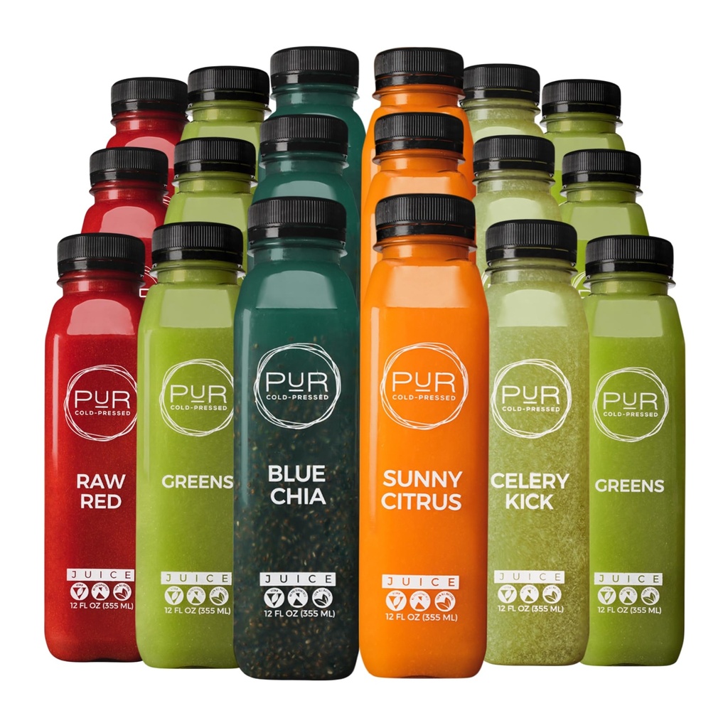 PUR Cold-Pressed Juice – 3-Day Signature Juice Cleanse – Natural Reset Supports Wellness, Digestion & Energy – Greens, Celery Kick, Blue Chia, Sunny Citrus & Raw Red – 18 Bottles