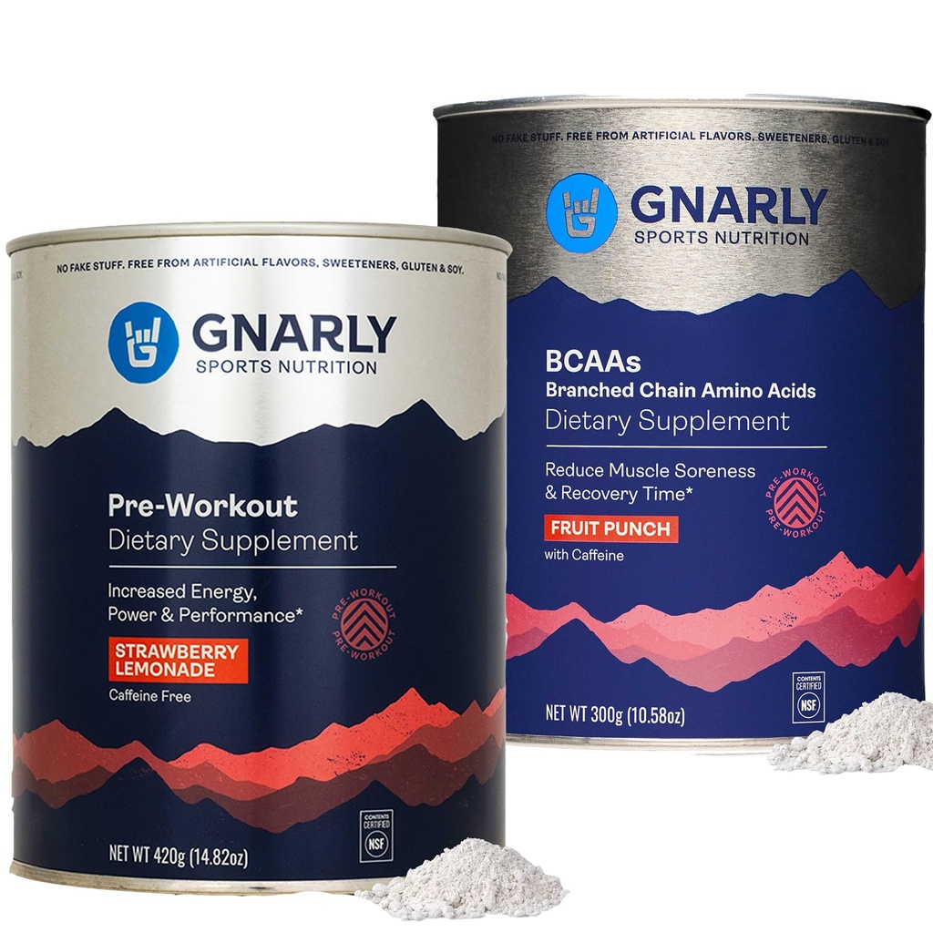 Gnarly Nutrition Gnarly Preworkout Strawberry Lemonade Caffeine Free (14.82oz) BCAAs Fruit Punch (10.58oz)