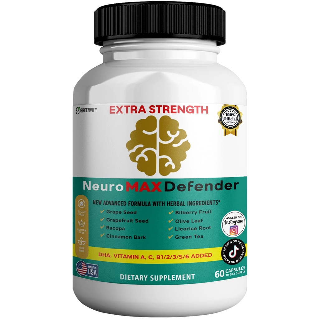 NeuroMAX Defender Extra Strength Brain Support Supplement with Herbal Blend, 60 Capsules, DHA, B12, Vitamins A C D E, Selenium, 30-Day Supply (1)