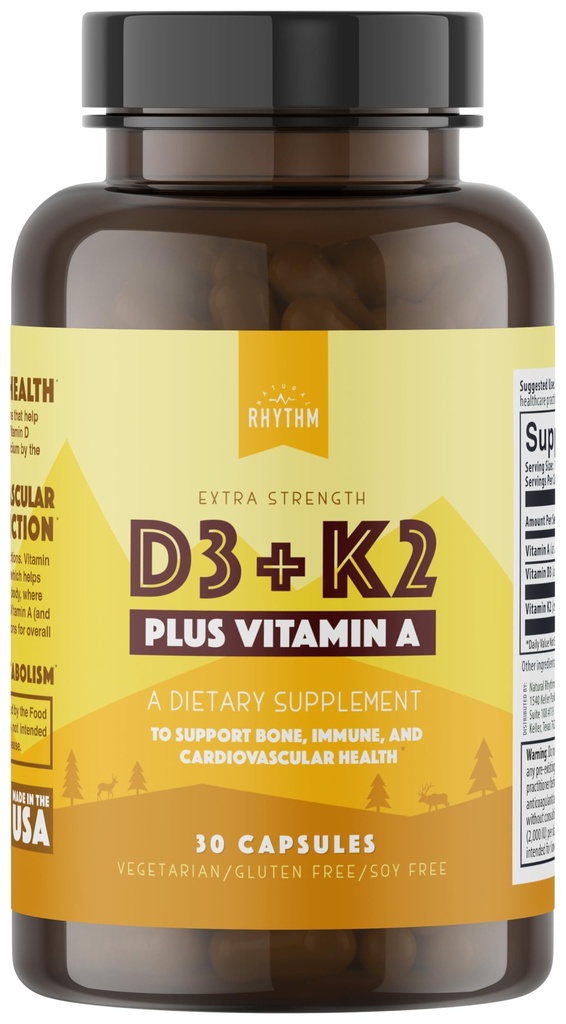 Natürliches Rhythm Vitamin D3 + K2 (MK7) Plus Vitamin A, für Knochen, Herz und Immune Gesundheit, 30 Kapseln