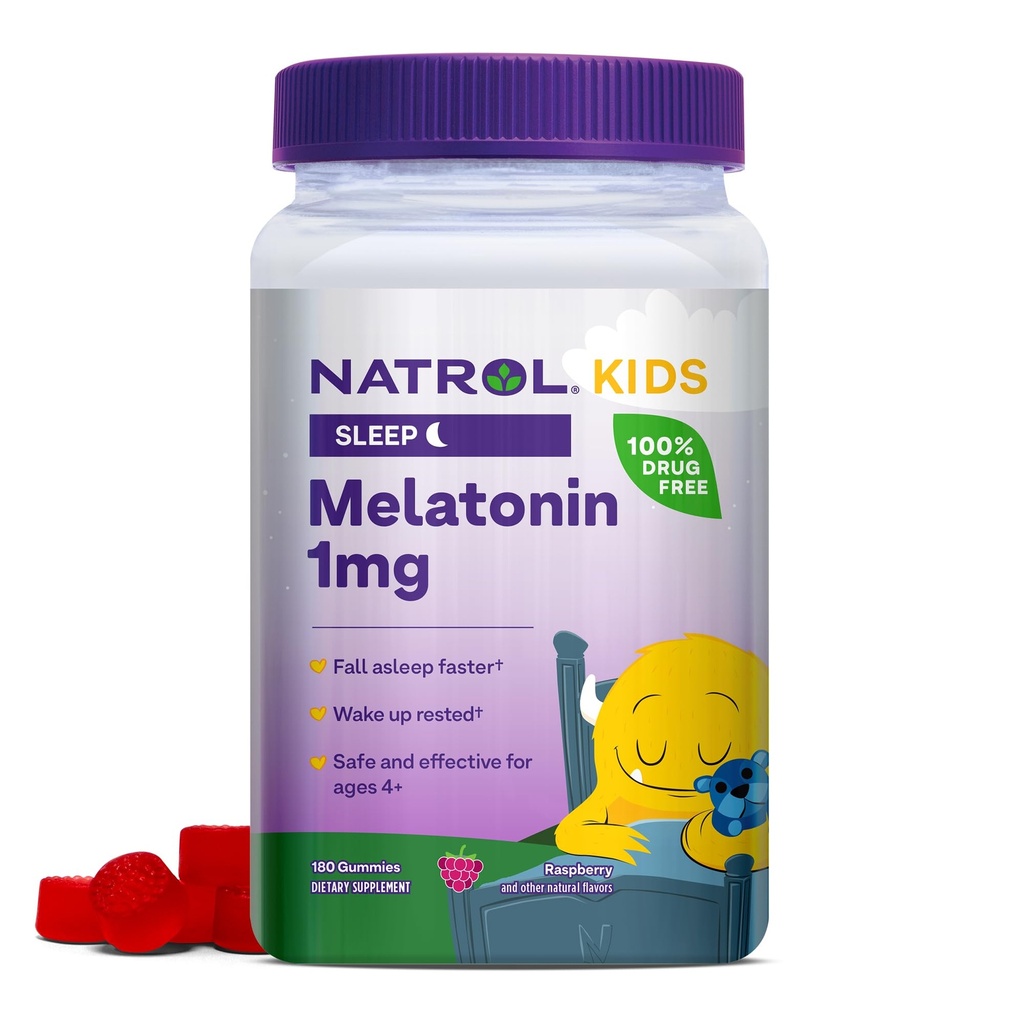 Natrol Kinder Melatonin 1 mg, Nahrungsergänzungsmittel für erholsamen Schlaf, Melatonin-Gummi für Kinder, 180 Himbeer-Flavored-Gummien, Bis zu 180 Tage Versorgung