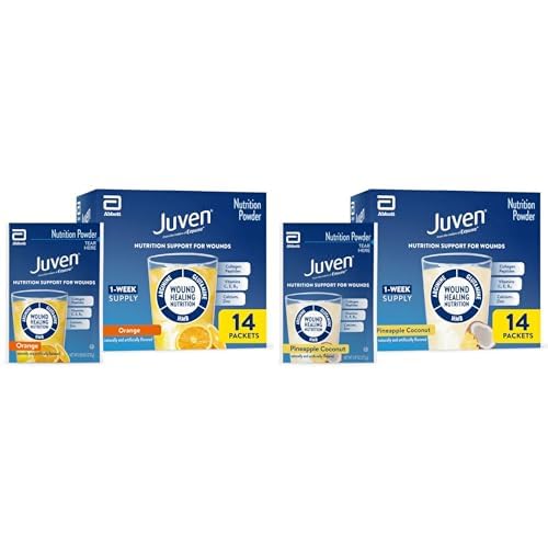 Juven Variety Pack, 28 Packets, Orange + Pineapple Coconut Flavor, Therapeutic Nutrition Drink Powder Including Collagen Peptides, Amino Acids, and HMB for Wound Healing Support