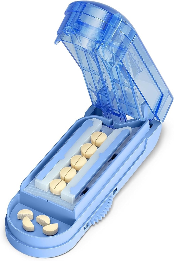 ONE PIX Multiple Pill Cutter Splitter for Small and Tiny Pills, Accurate 1/2 Tablet Splitter with Adjustable Bars & Hidden Blade, Safely Cuts Large Medication for Seniors & Pets, Blue