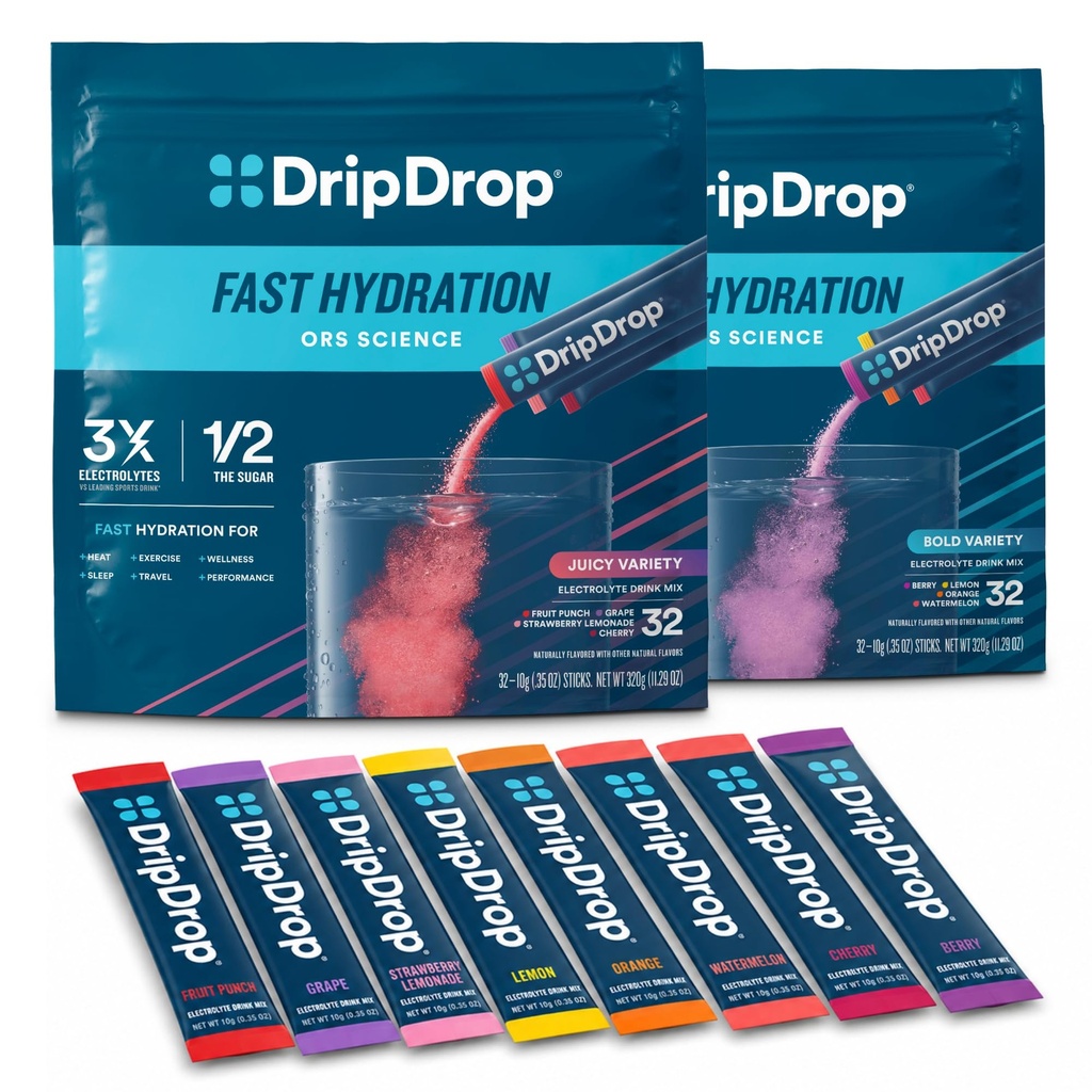 DripDrop Hydration - Elektrolyt-Pulver-Packets - Wassermelone, Berry, Zitronen, Orange, Frucht-Punch, Trauben, Erdbeer-Lemonade, Kirsche - 64 Count