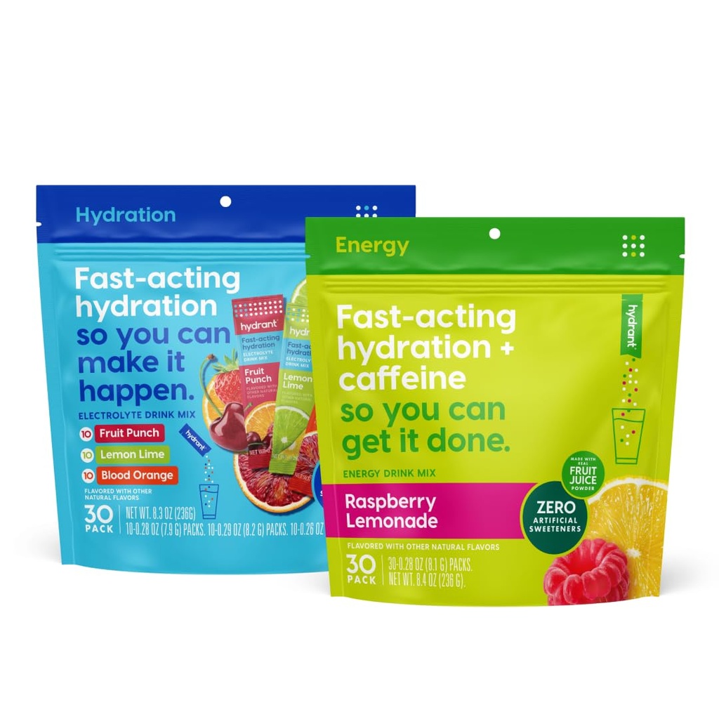 HYDRANT Bundle, Hydrate + Energy, 60 Stick Packs, Electrolyte Powder Rapid Hydration Mix Variety Pack, Caffeine & L-Theanine Hydration Powder