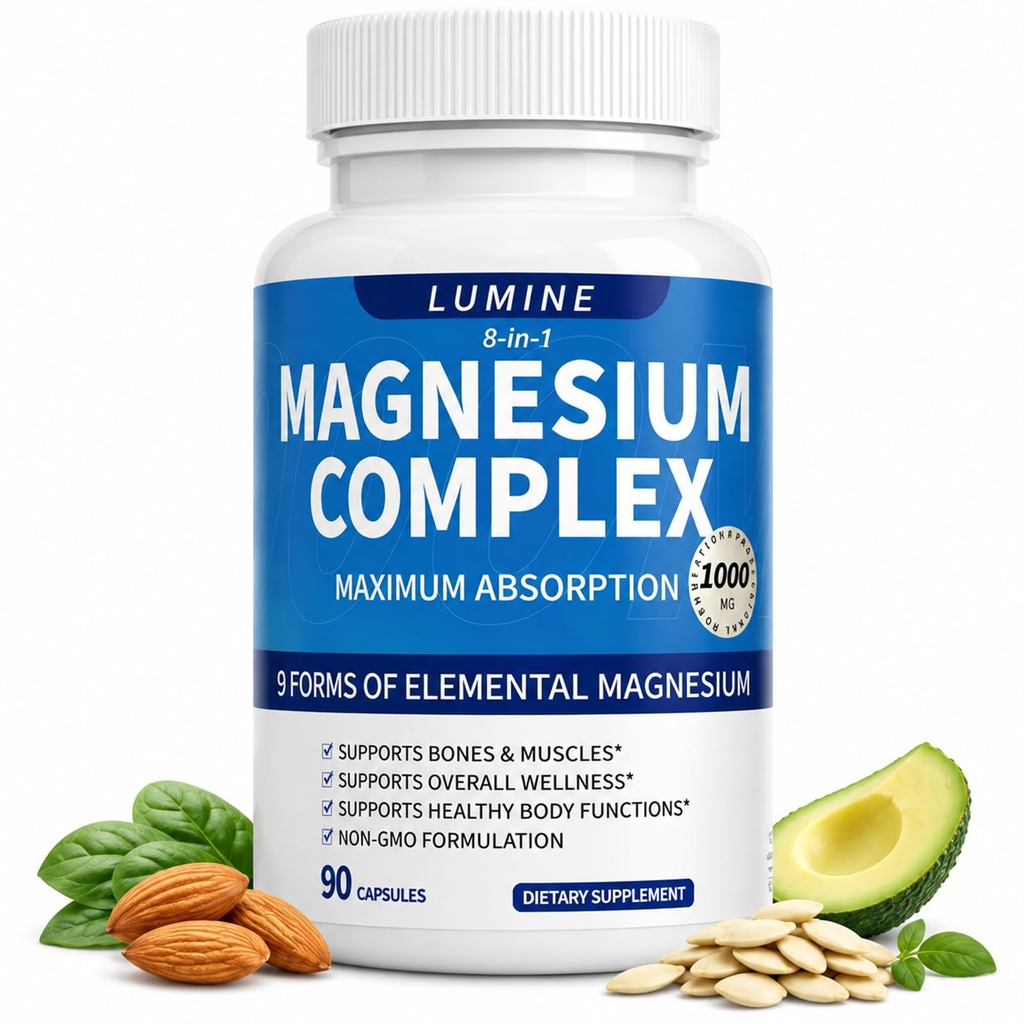 LUMINE 8-in-1 Magnesium Complex - Full Spectrum Magnesium Blend with Glycinate, Citrate, Malate & Oxide - Daily Mineral Support for Muscle Function, Relaxation & Overall Wellness, 90 Capsules