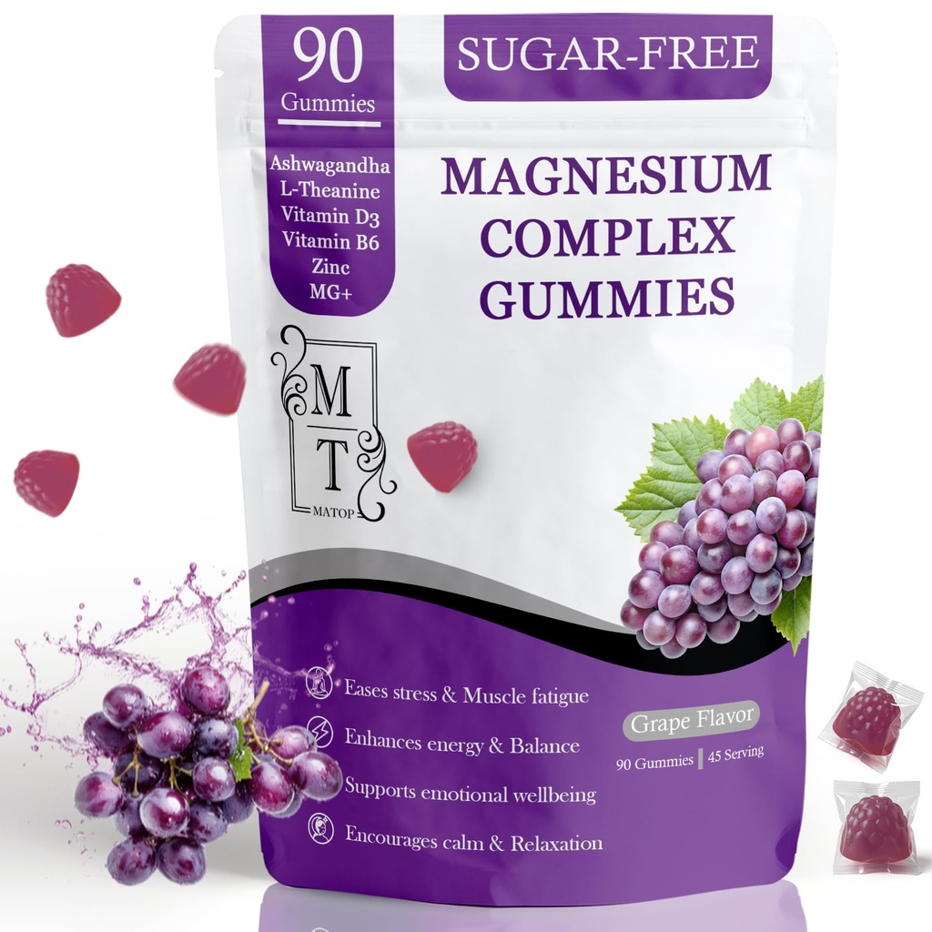 MATOP Magnesium Complex for Women Gummies - 8 in 1 Triple Magnesium Complex (Glycinate, Malate, Citrate) with L-Theanine, Ashwagandha, Vitamin D3, B6 & Zinc - Stress, Calm & Focus - 90 Vegan Gummies