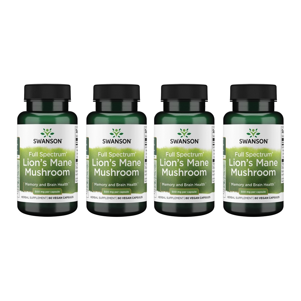 Swanson Full Spectrum Lion's Mane Mushroom - Brain Health Supplement zum Support Memory, Focus & Clarity* - Kann auch Immun-, Herz- & Verdauungs-Gesundheit - Gluten-Free & Non-GMO - 60 Kapseln (4 Packung)