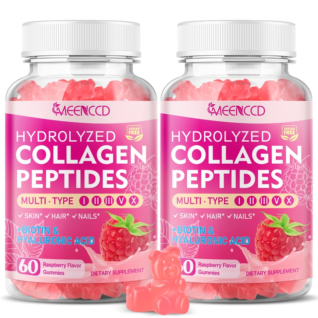 MEENCCD 2 Pack Hydrolyzed Collagen Peptides Gummies for Women & Men, Multi-Collagen Type I,II,III,V,X with Biotin, Hyaluronic Acid, Zinc, Vitamin C, E - Skin, Hair, Nails, Raspberry Flavor, 120 Count