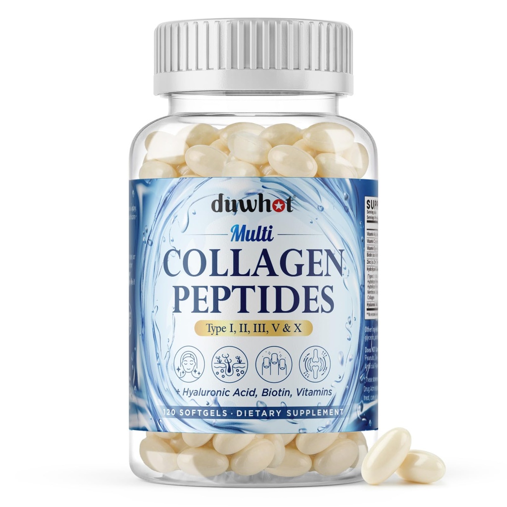 duwhot Collagen Peptides Capsules for Women & Men, 2000mg Hydrolyzed Multi Collagen Types I II III V X with Hyaluronic Acid, Biotin, Vitamins, Supplement for Hair Skin Nails, 120 Softgels