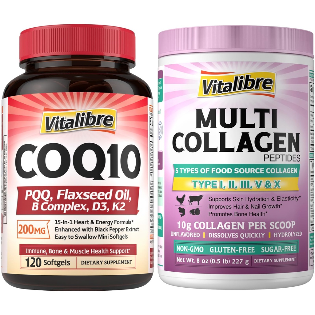 Vitalibre CoQ10 200mg, Ubiquinone with PQQ, Folate, Niacin, K2, D3, Black Pepper, Powerful Antioxidant, Energy Booster, 120 Softgels, and Multi Collagen Peptides Powder Type I II III V X, 8oz