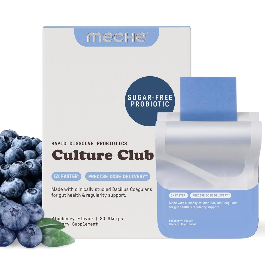 Meche Culture Club™ Rapid Dissolve Strips for Gut Health - 5 Billion CFU High Bioavailability Probiotic with Bacillus Coagulans is-2 - Supports Digestion & Regularity, Sugar Free & Natural