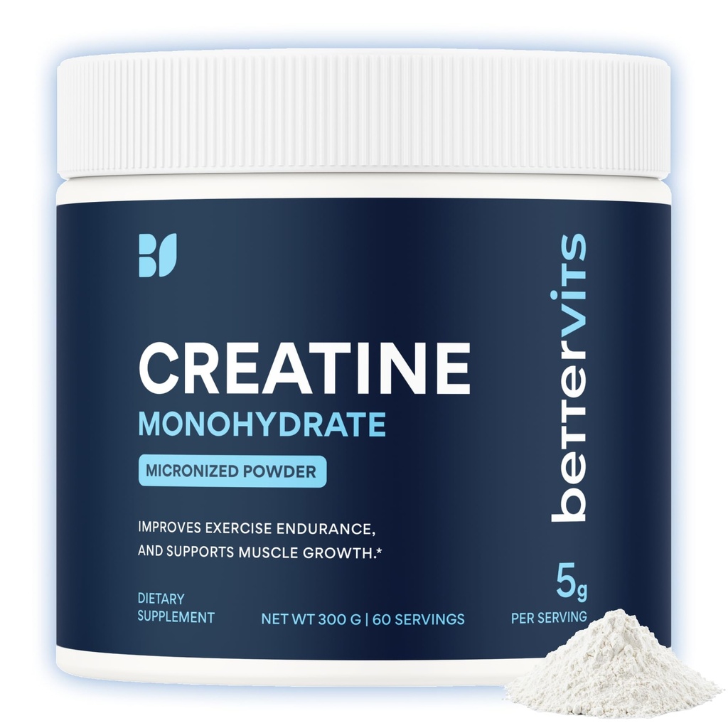 Bettervits Creatine Monohydrate Powder – 100% Pure Micronized Creatine 5g | Unflavoured Creatine Workout Supplement for Muscle Strength, Power & Growth | Vegan Creatine for Women & Men | 60 Servings