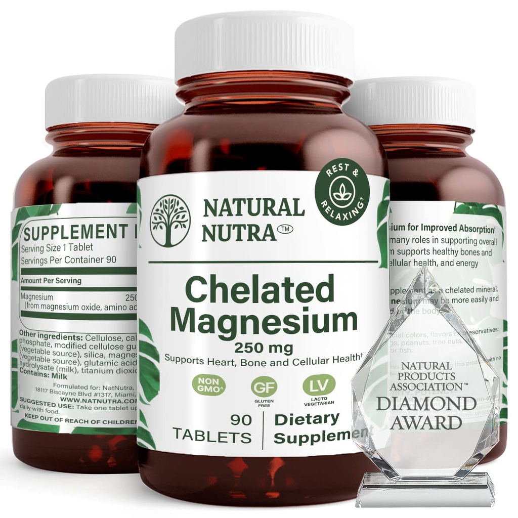 Natural Nutra Chelated Magnesium Oxide 250mg- High Absorption for Strong Bones, Heart Health, Improves Dental Health, Energy Boost, Gluten-Free, Non-GMO, 90Tablets in BPA-Free Recyclable Glass Bottles