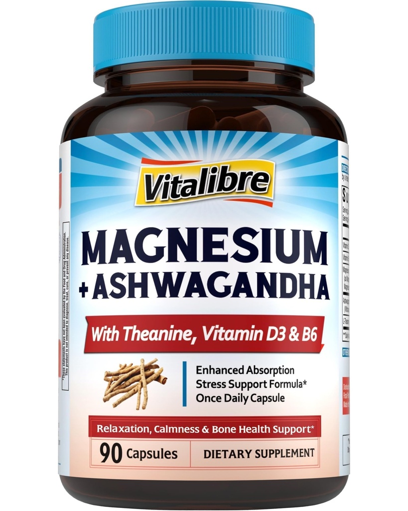 Vitalibre Magnesium Complex with Ashwagandha & L-Theanine - Stress Relief, Bone & Relaxation Support - w/Vitamin D3, B6 - Glycinate, Citrate, Malate, Taurate - 90 Vegan Capsules, Non-GMO, Gluten Free