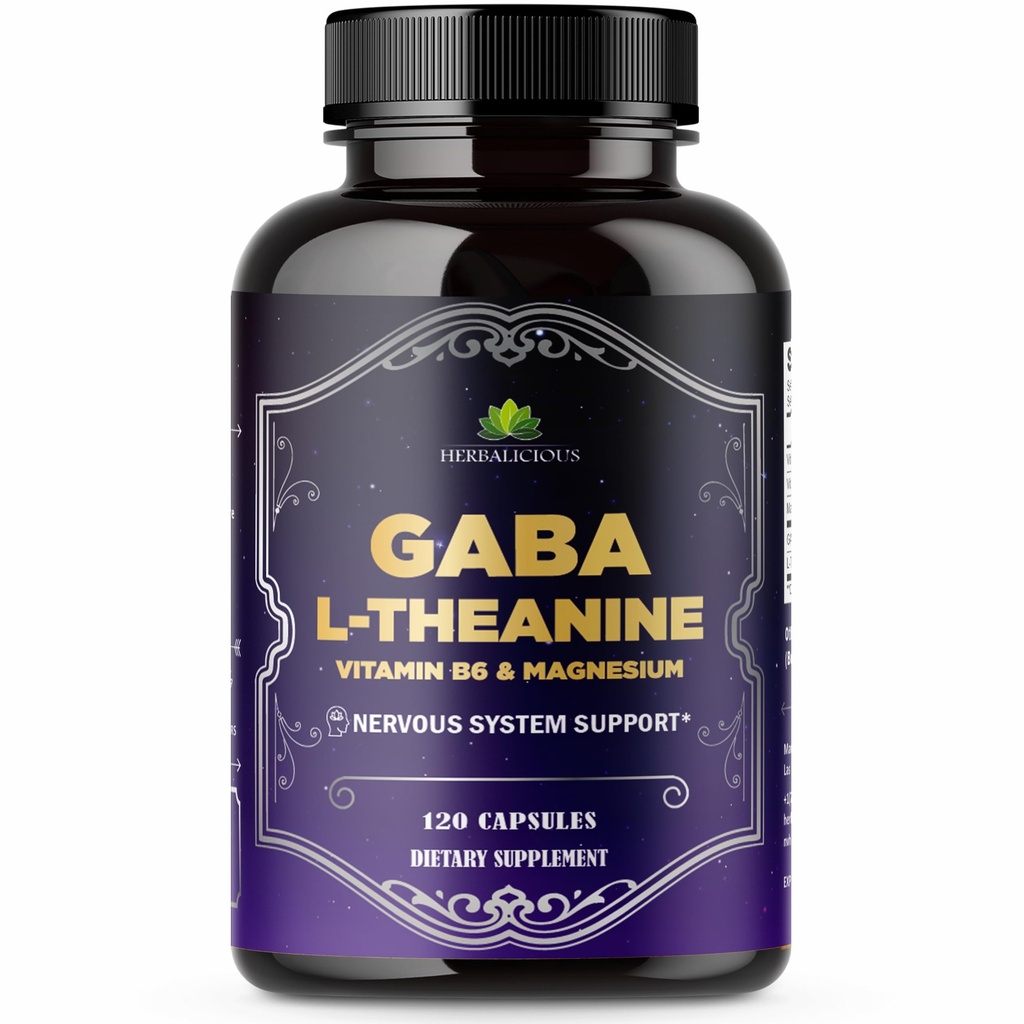 HERBALICIOUS GABA L-Theanine with Magnesium – Calm & Focus Support, Stress Relief, Relaxation + Mood Balance, Brain & Memory Support Supplement – Vitamin B6 + B12 Complex – 120 Capsules