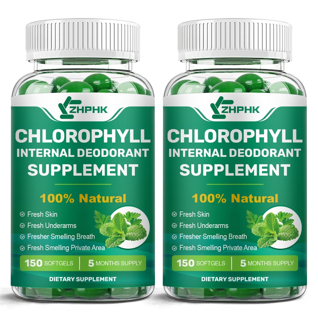 ZHPHK Chlorophyll Supplement Internal Body Deodorant Supplement for Men & Women, Gut Health, Natural Odor Remove, Vegan, Non-GMO, 300 Count