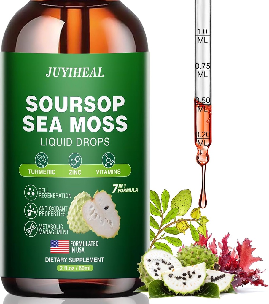 7-in-1 Soursop Graviola mit Sea Moss Liquid Drops, Soursop Bitters Liquid Rich in Multivitamin für Verdauungs-Antioxidans, Immun-Boost, Zellunterstützung & Regeneration, 2 Fl Oz