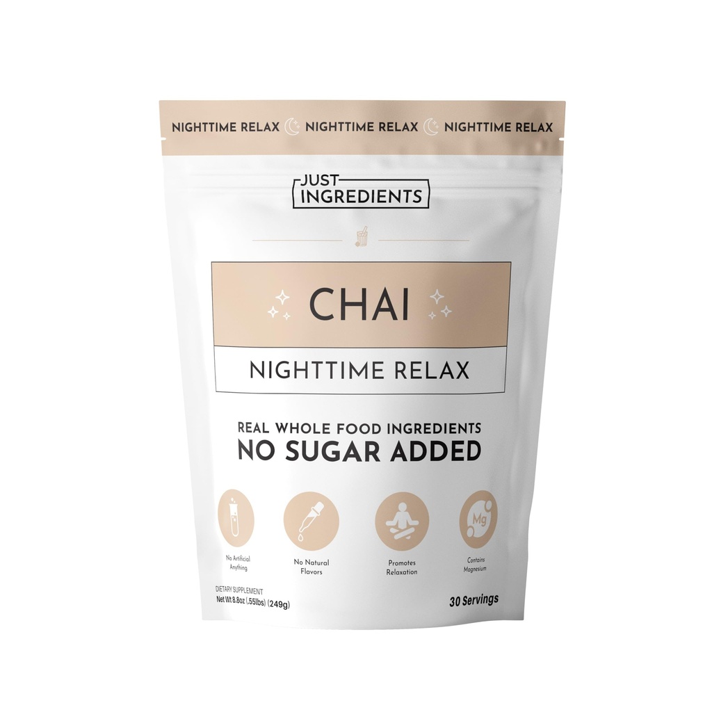 JUST INGREDIENTS Chai Nighttime Relax Drink Mix 30 Servings | No Sugar Added | Magnesium, L-Theanine, Chamomile & Tart Cherry Extract | Supports Relaxation & Restful Evenings