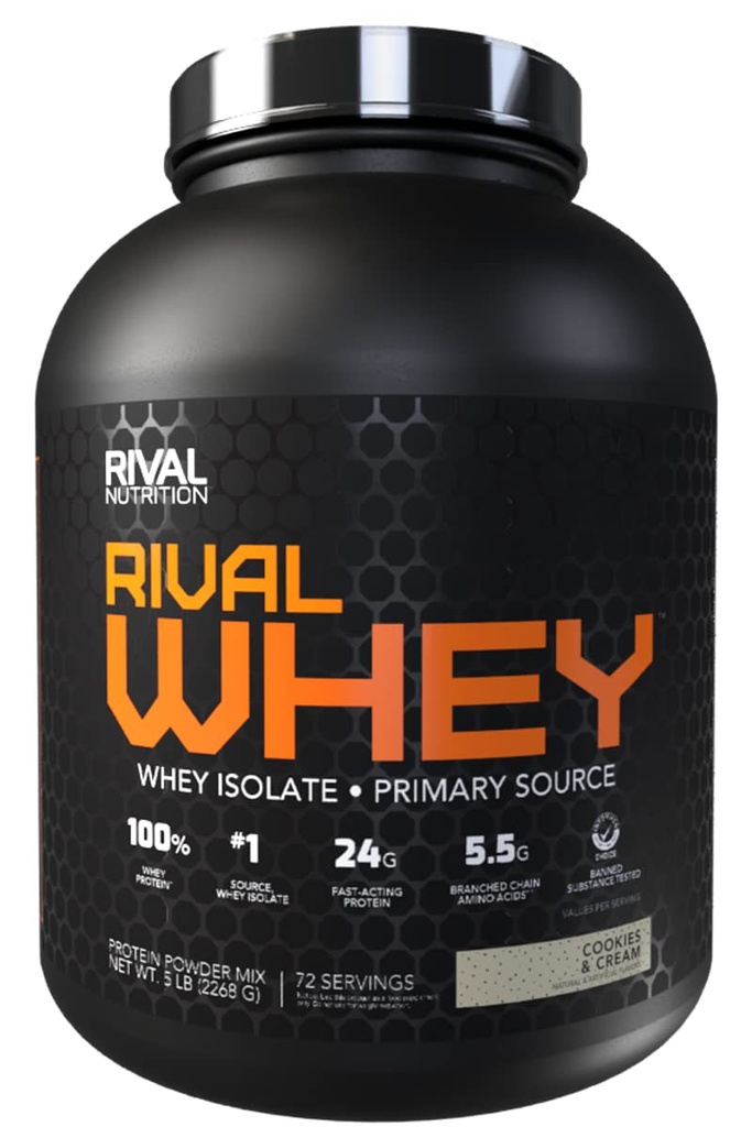 RIVAL NUTRITION Rival Whey Protein Powder I 100% of Protein from Whey I Isolate Primary Source I 24g Protein, 5.5g BCAAs Per Scoop I Recovery, Active Lifestyles (5lb, Cookies & Cream)