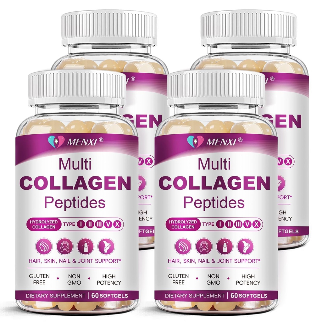 Multi Collagen Peptides Softgel for Women & Men - Type I, II, III, V, X - Hydrolyzed Collagen Peptides with Biotin, Vitamin C & Hyaluronic Acid - Support Skin Hair Nail & Joint - Non GMO, 240 Softgel
