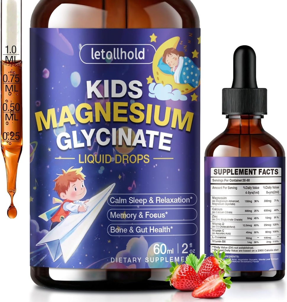 Kids Magnesium Glycinate Liquid Drops, Magnesium Drops for Kids, Calm & Relaxation Support with L-Theanine, Bedtime Routine & Calm, Relaxation Support, Strawberry Easy-to-Take Liquid Drops