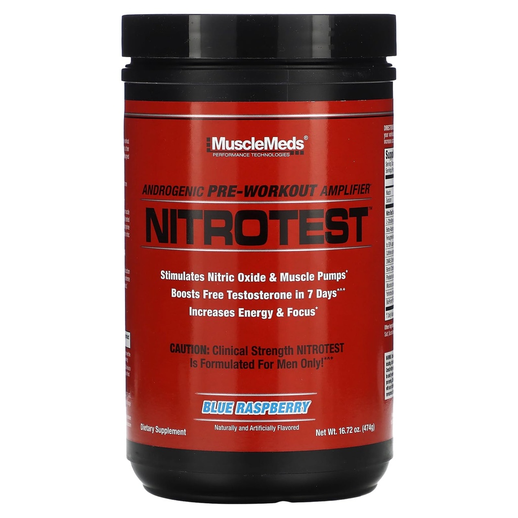 MuscleMeds Nitrotest Pre-Workout Ergänzungsgetränk, Boost Nitric Oxid, Testosteron, Blue Raspberry, 30 Servieren, 1.04 Pfund, 1 Zähler
