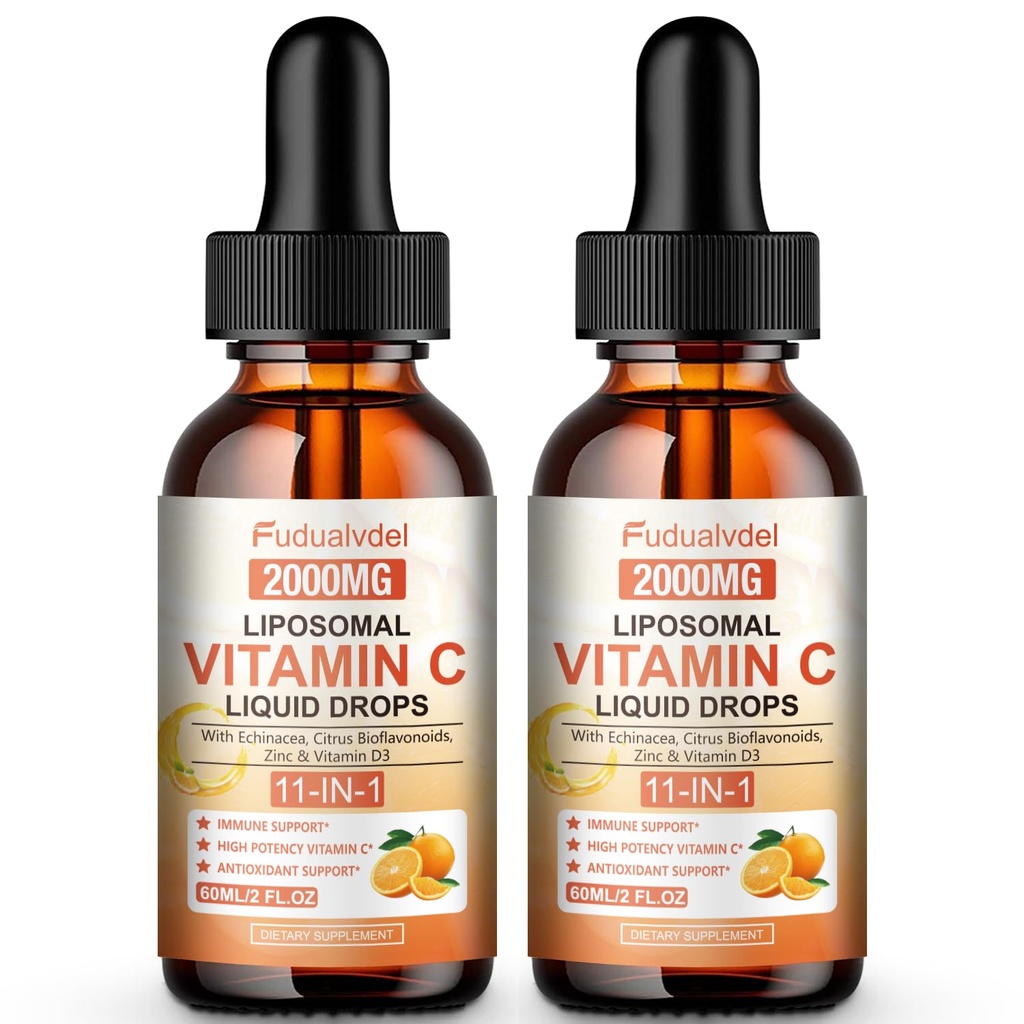 2 Pack Liquid Vitamin C Drops 2000mg, Liposomal Vitamin C Complex with High Absorption, Rose Hips, Echinacea, Citrus Bioflavonoids and Zinc for Immune System Support & Antioxidant Benefits,4 FL Oz.