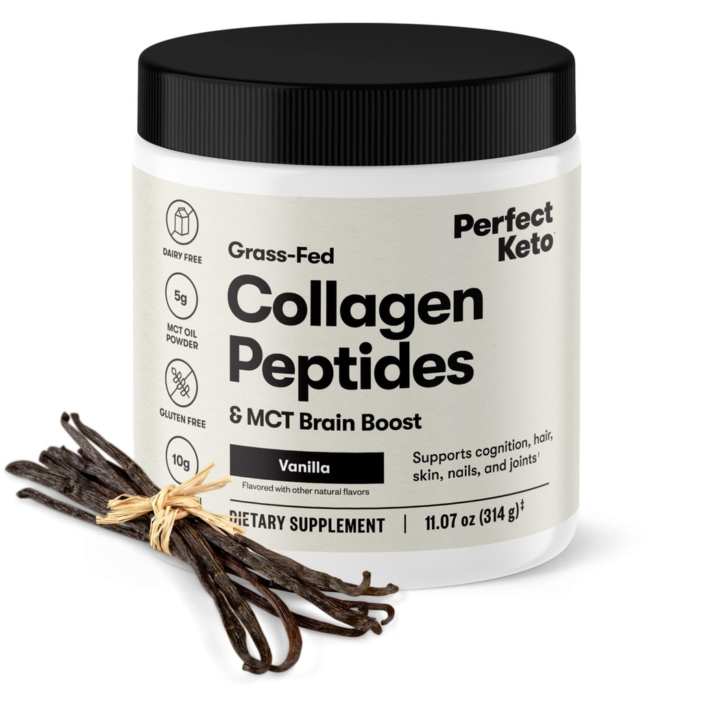 Perfect Keto Collagen Peptides Proteinpulver mit MCT Öl, Gras Fed, hydrolysiertes Collagen, Typ I & III Supplement, Keto Coffee Creamer, Vanille