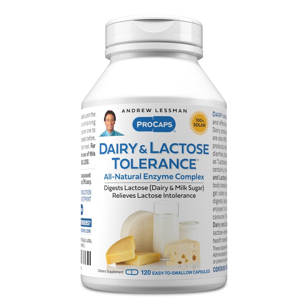 ANDREW LESSMAN Dairy and Lactose Tolerance 120 Capsules - Enhances Natural Digestion of Dairy and Lactose. Mild, Powerful, All-Natural Enzymes Help Avoid GI Discomforts in Digestion. No Additives