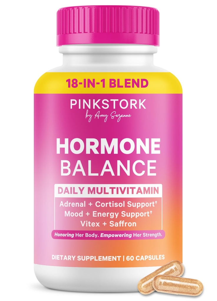 Pink Stork Hormone Balance Multivitamin for Women | 18-in-1 Vitex, Saffron, Ashwagandha, Magnesium | Mood, Energy, Cortisol, Adrenal Support | PMS, Perimenopause Support | 60 Vegan Capsules