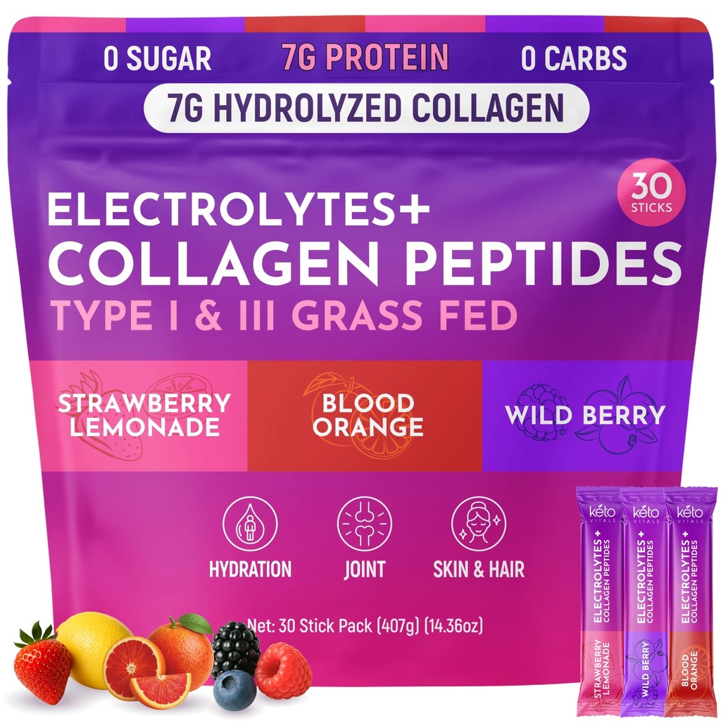 Keto Vitals Collagen Powder for Women Plus Electrolytes - 30 Travel Packets - 7.78G of Type I & III Grass Fed Hydrolyzed Collagen Peptides Protein Per Stick - Colageno Hidrolizado for Women