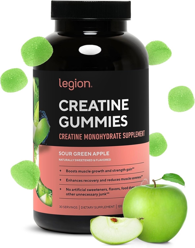LEGION Creatine Monohydrate Gummies for Men & Women – Clean Chewable Creatine Supplement for Strength, Endurance & Muscle Recovery – 30 Sour Green Apple Flavor Servings – No Artificial Flavors