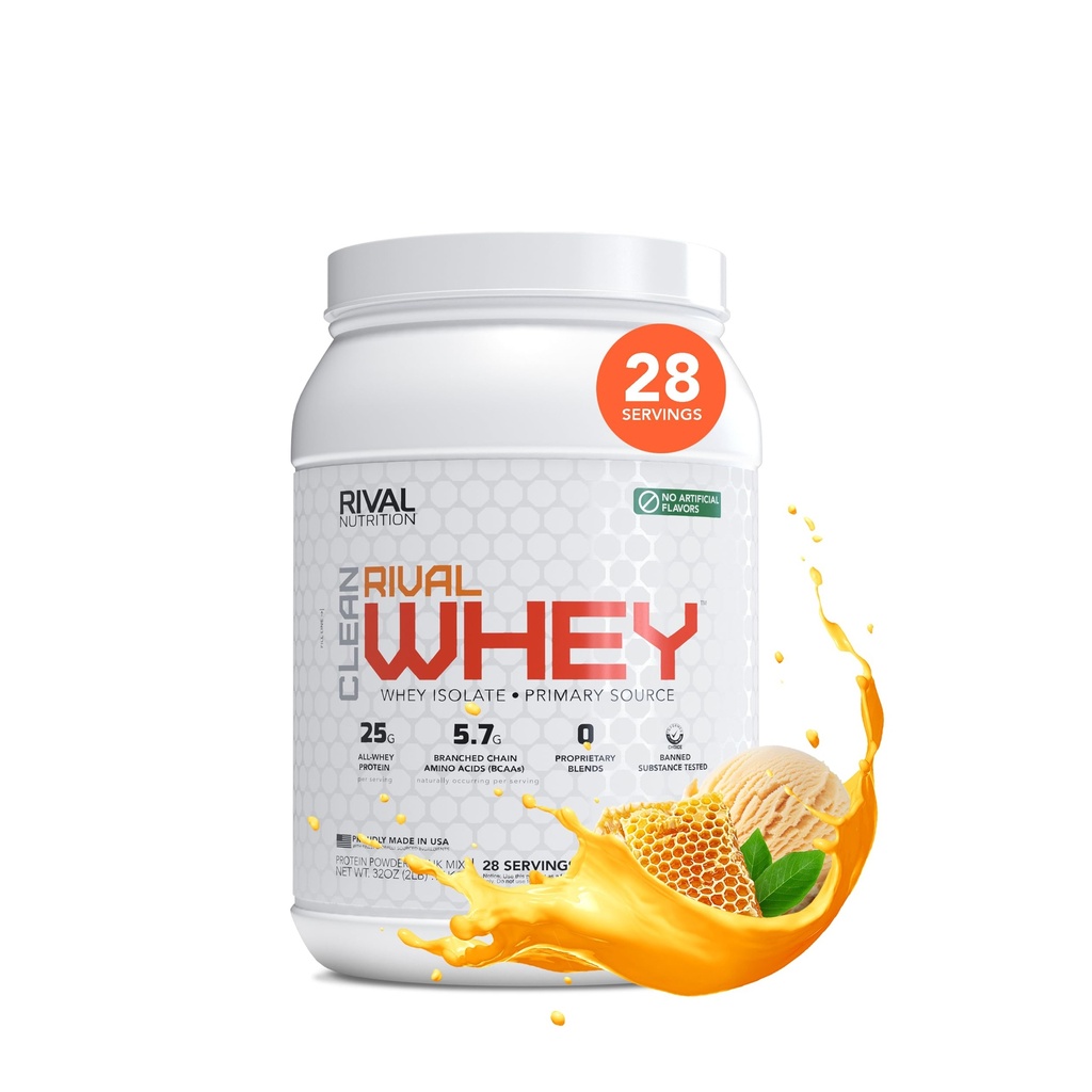 RIVAL NUTRITION Clean Rival Whey Honey Nut Vanilla Protein Powder I Whey Isolate Primary Source I 2 Lb, 28 Servings I No Artificial Flavors or Colors I 25g Protein Per Scoop | Muscle Recovery