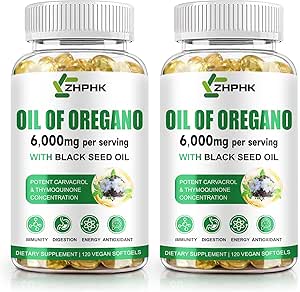 Öl von Oregano mit schwarzem Samenöl, 6000mg Oregano Öl Kapseln Bio Natürliche Carvacrol & Thymochinon, Immun Verdauungsunterstützung, Non-GMO, Glutenfrei, 120 Zähler