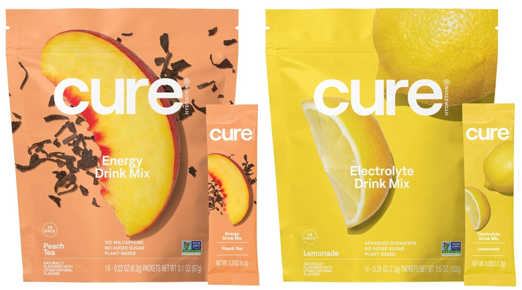 Cure Hydration | Plant-Based Electrolyte Drink Mix | Energy & Dehydration Bundle | No Sugar | Coconut Water |100mg Caffeine | Non-GMO | Vegan | 14-Pack Each: Peach Tea & Lemonade