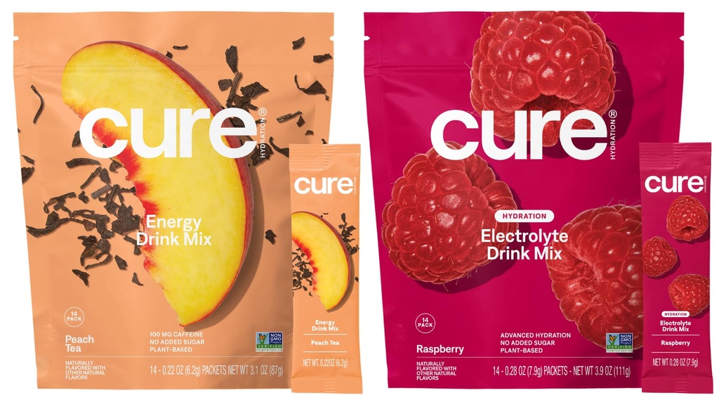 Cure Hydration | Plant-Based Electrolyte Drink Mix | Energy & Dehydration Bundle | No Sugar | Coconut Water |100mg Caffeine | Non-GMO | Vegan | 14-Pack Each: Peach Tea & Raspberry