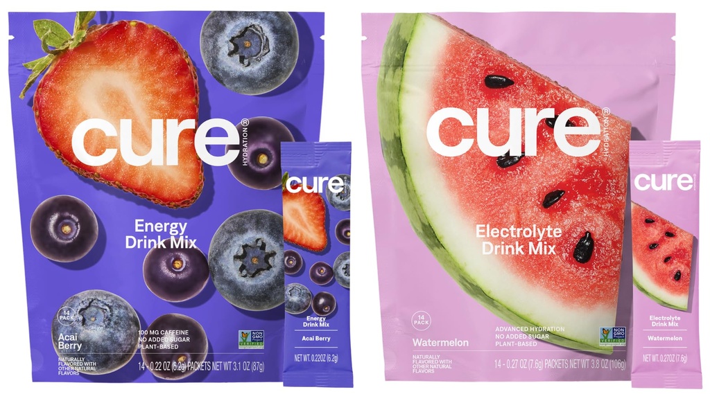 Cure Hydration | Plant-Based Electrolyte Drink Mix | Energy & Dehydration Bundle | No Sugar | Coconut Water |100mg Caffeine | Non-GMO | Vegan | 14-Pack Each: Acai Berry & Watermelon
